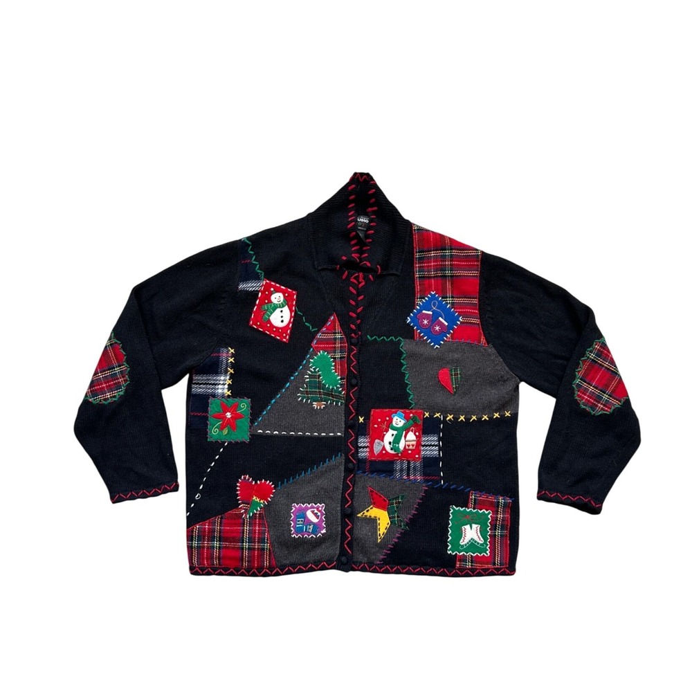 VTG Ugly Christmas Sweater Cardigan button down embroidered 3D plaid patchwork L